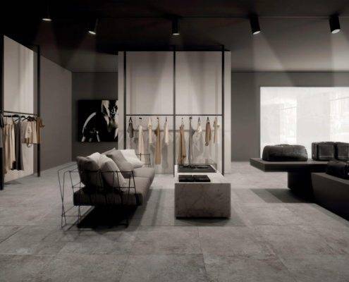 Living room with concrete-look tile flooring